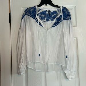 Anthropologie White Blouse with Blue Embroidery